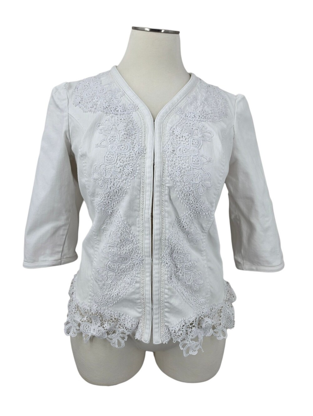 Lauren Ralph Lauren White Denim Jacket with Crochet Lace-Trim Women's Plus Size